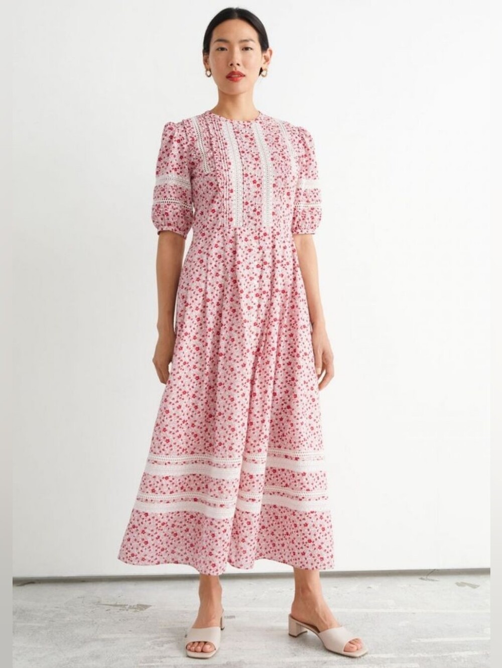 & Other Stories Pink Floral Lace Maxi Dress Size 4 Puff Sleeve Cottage Romantic